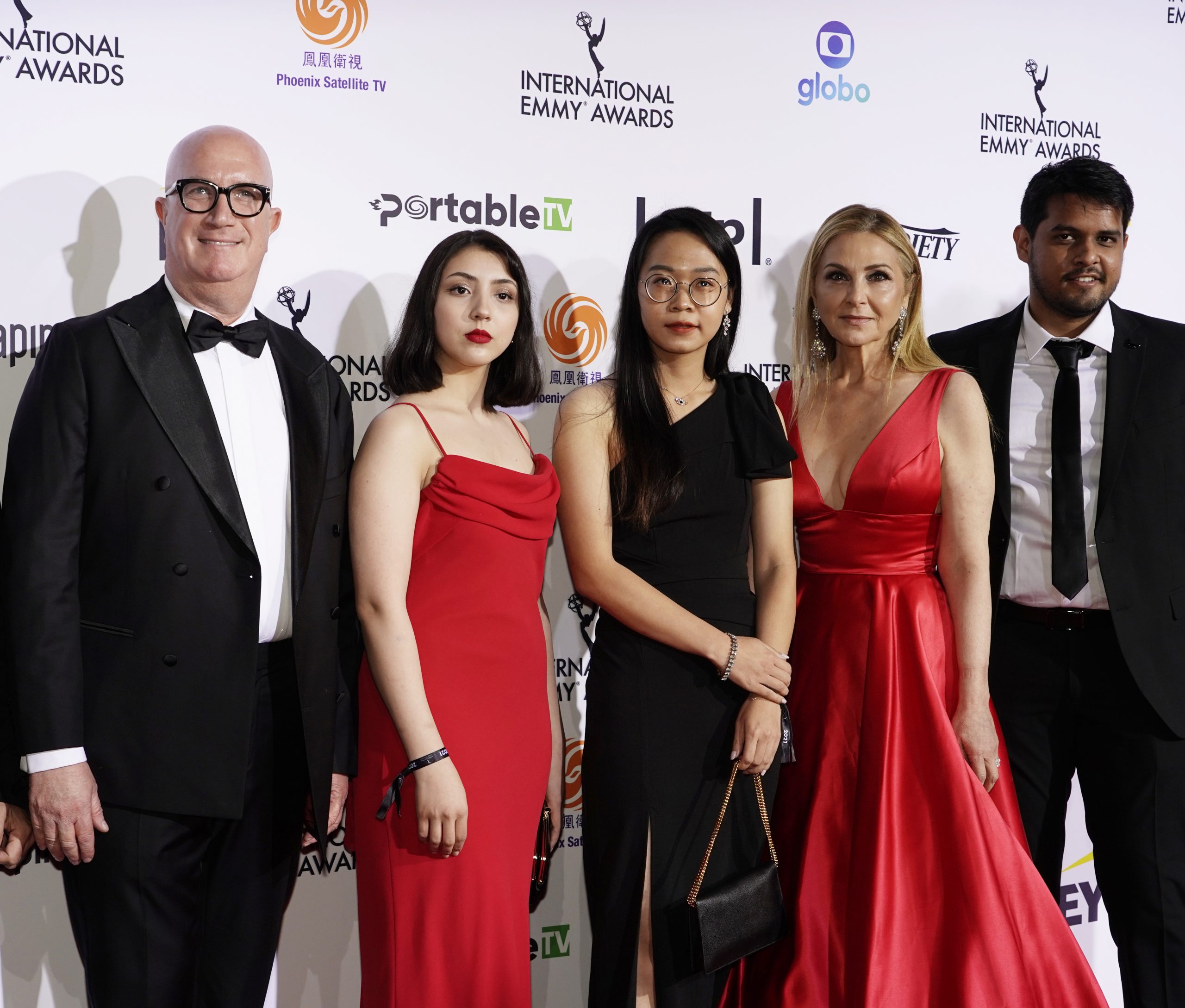 JCS International's Michal Greyevsky and Avi Balashnikov with JCS International Young Creative Award Winners Sandra Vazquez, Yintao Gong and Sarath Chandra on the red carpet at the 49th International Emmy Awards, November 22, 2021 in New York City. 49th International Emmy Awards