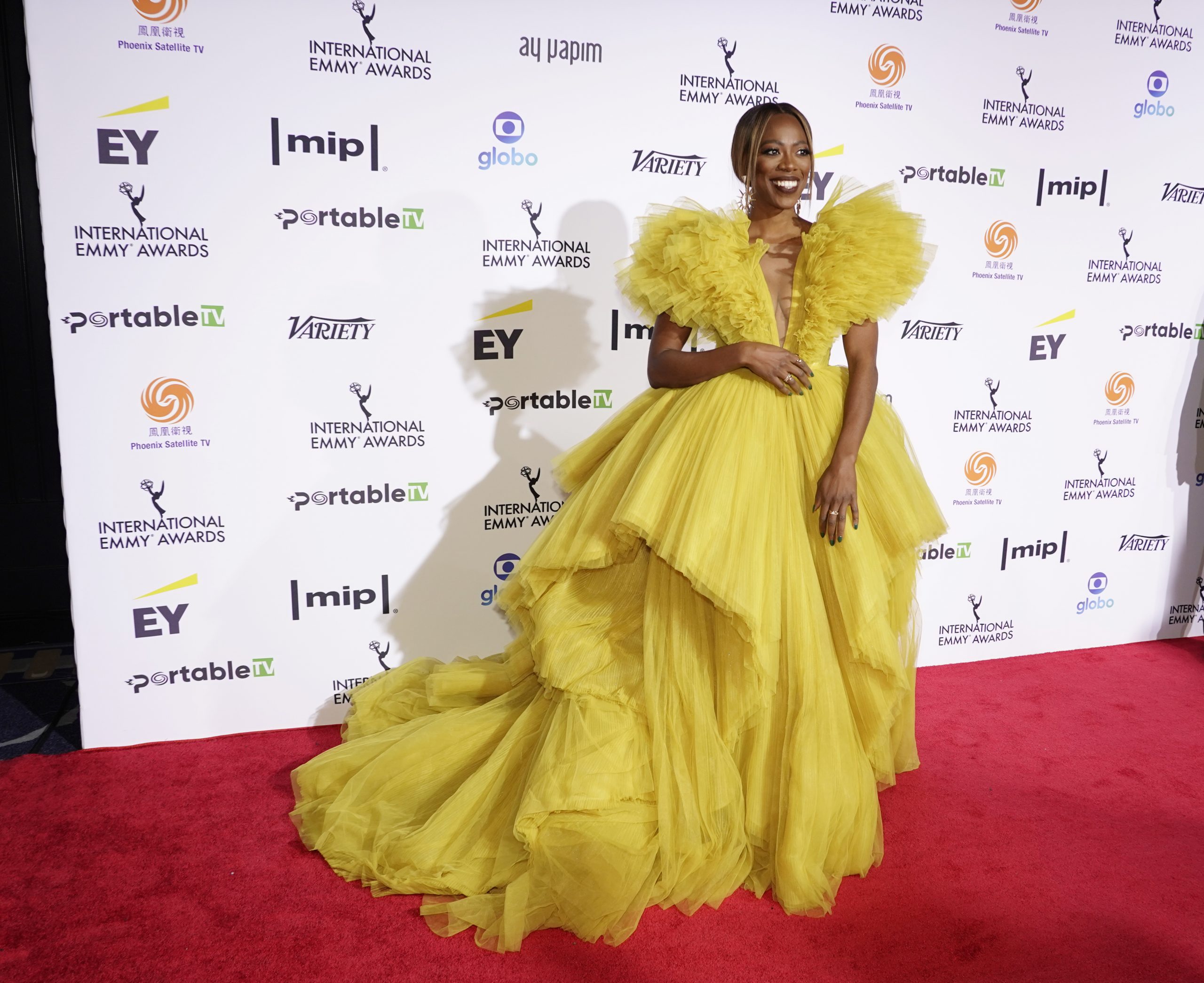 Host Yvonne Orji on the red carpet at the 49th International Emmy Awards, November 22, 2021 in New York City. 49th International Emmy Awards