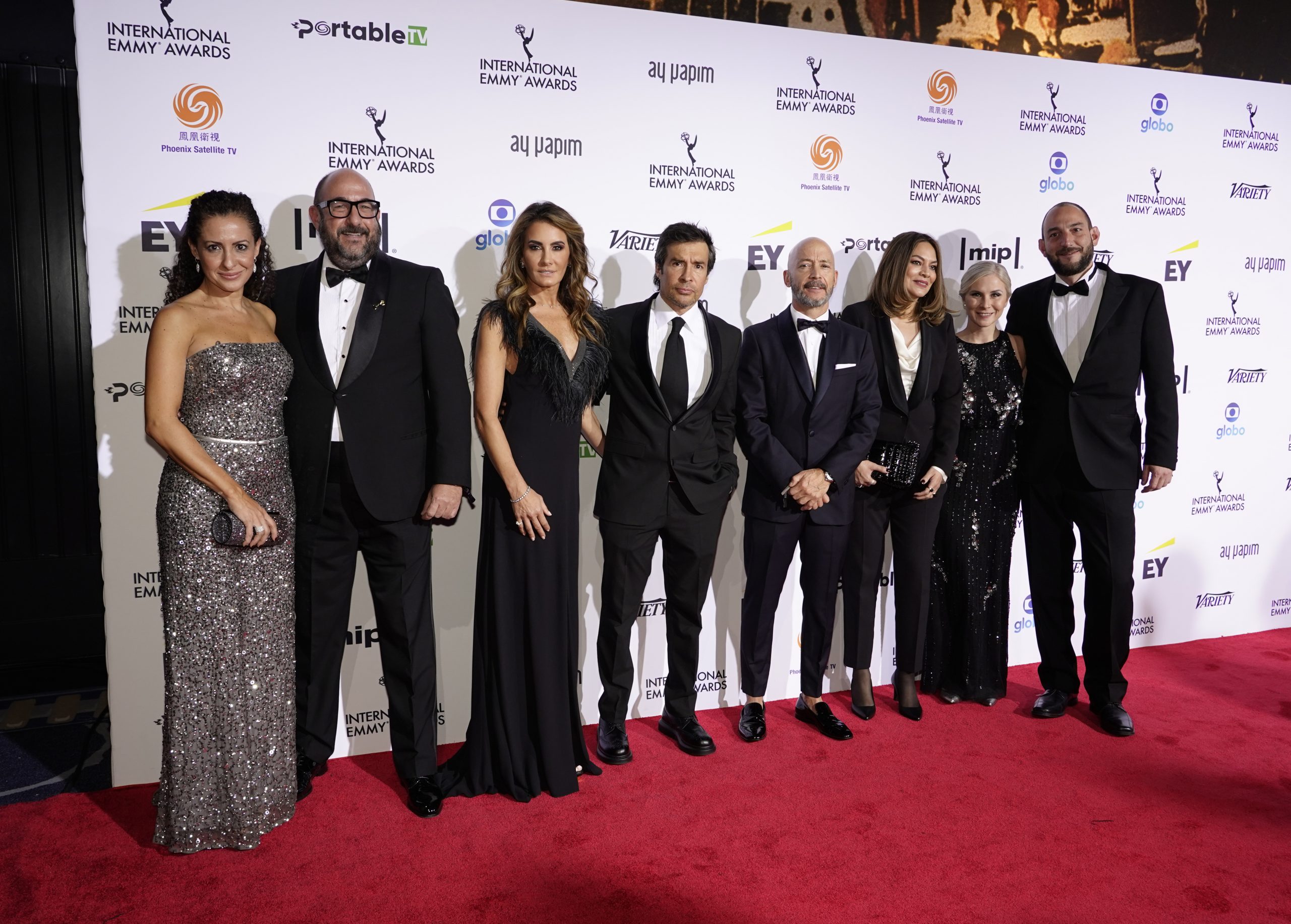 Non-Scripted Entertainment Nominees for Quien es la Máscara? Season 2, Alejandro Rincon and Eduardo Clemesha Herrera with Miguel Ángel Fox and Cuquis Razo on the red carpet at the 49th International Emmy Awards, November 22, 2021 in New York City. 49th International Emmy Awards